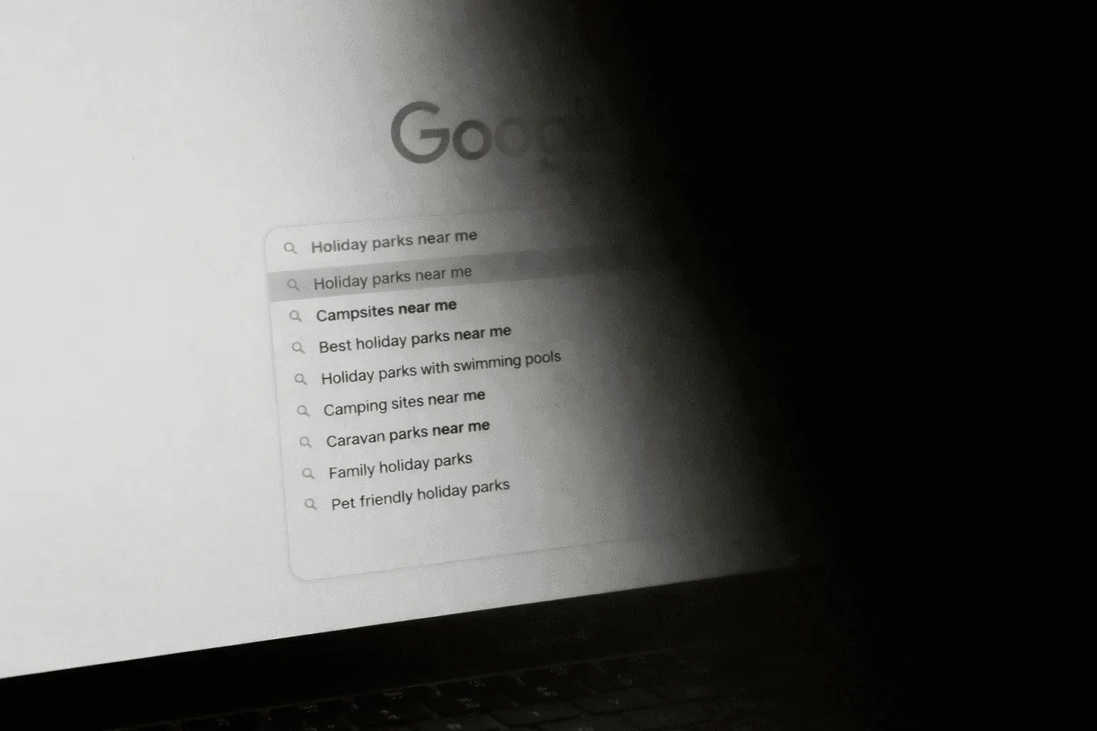 Google search suggestions for holiday parks