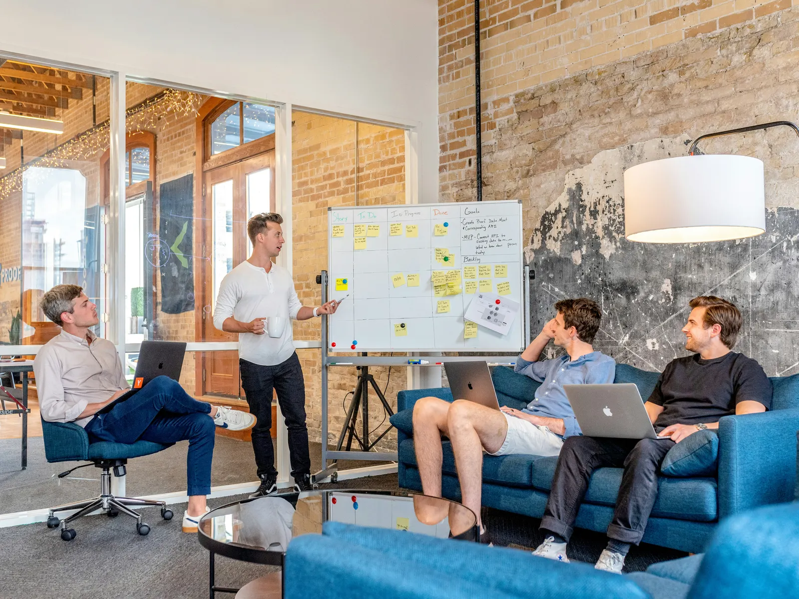 Team planning a project around a whiteboard in an office