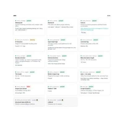 SEO checker results showing passed, warning and failed checks